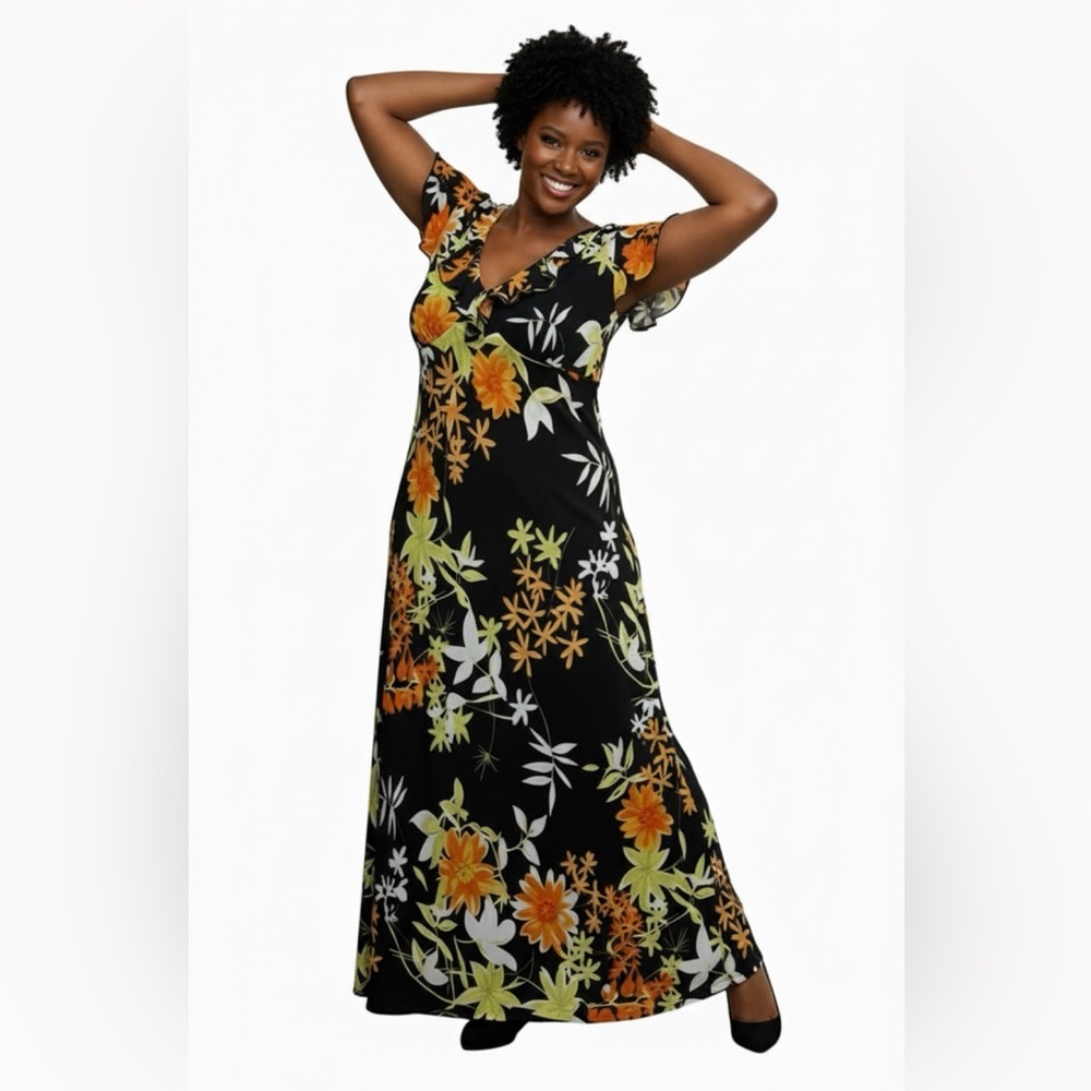 Black Floral Chiffon Dress with Yellow, Green and Peach Blooms.